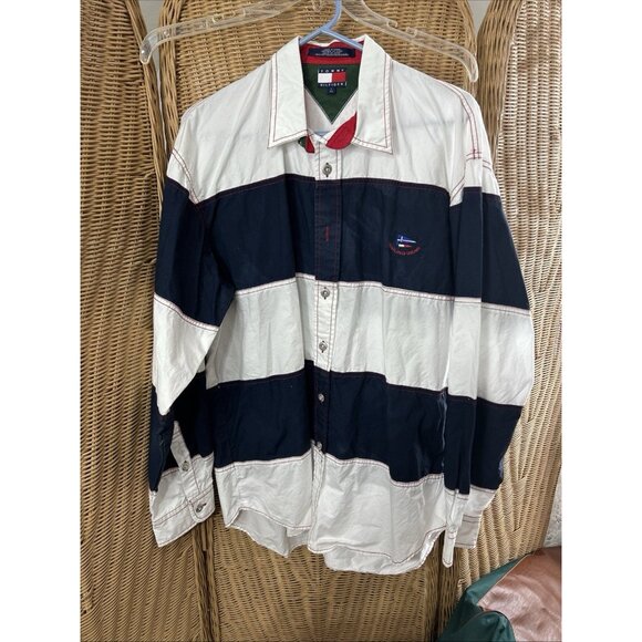 vintage Tommy Hilfiger Button Up Shirt Horizontal Striped Sailing Gear L - Picture 1 of 6